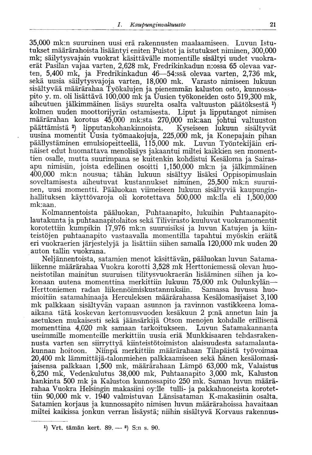 I. Kaupunginvaltuusto 21* 35,000 mk:n suuruinen uusi erä rakennusten maalaamiseen.