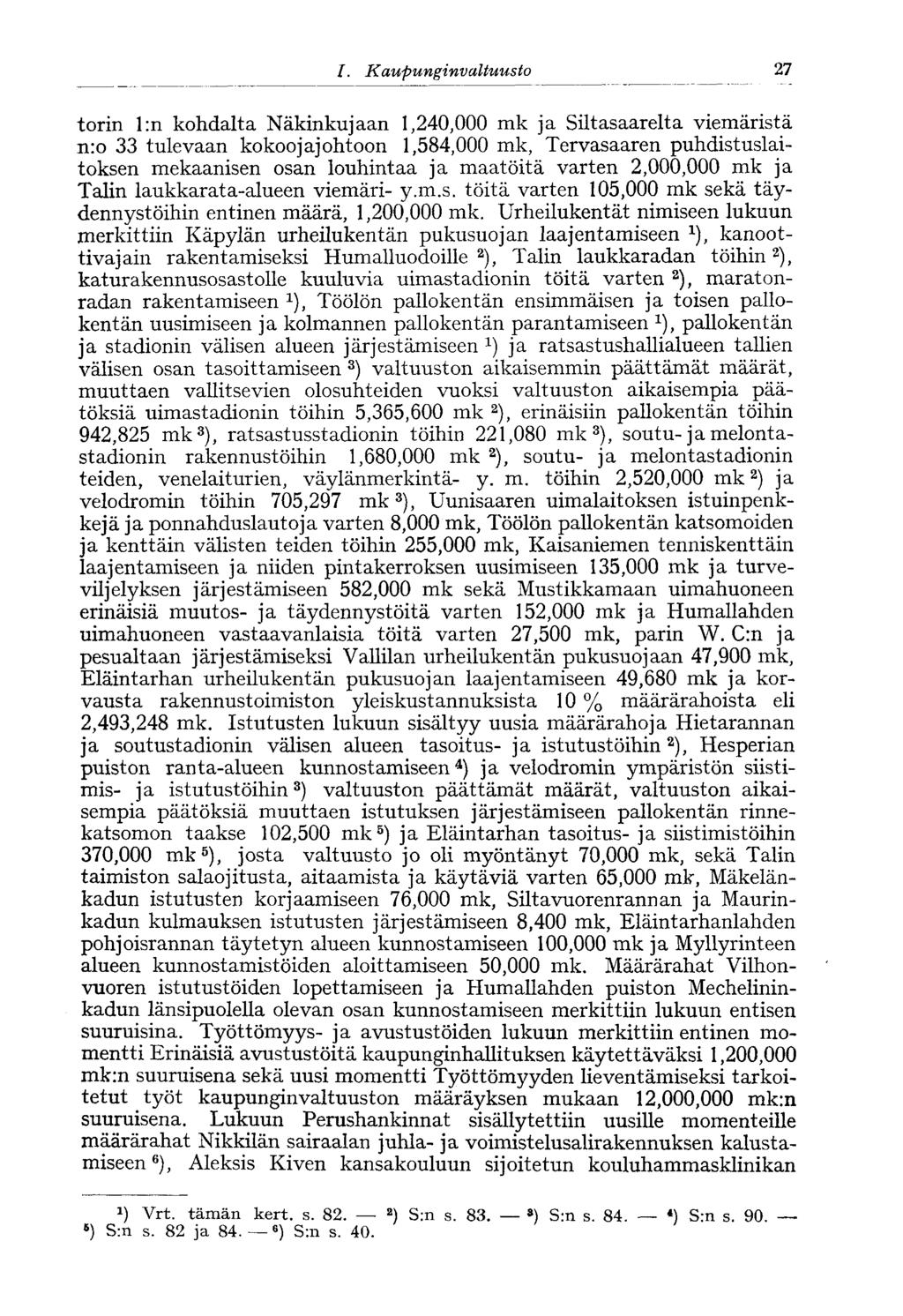 I. Kaupunginvaltuusto 27* torin l:n kohdalta Näkinkujaan 1,240,000 mk ja Siltasaarelta viemäristä n:o 33 tulevaan kokoojajohtoon 1,584,000 mk, Tervasaaren puhdistuslaitoksen mekaanisen osan louhintaa