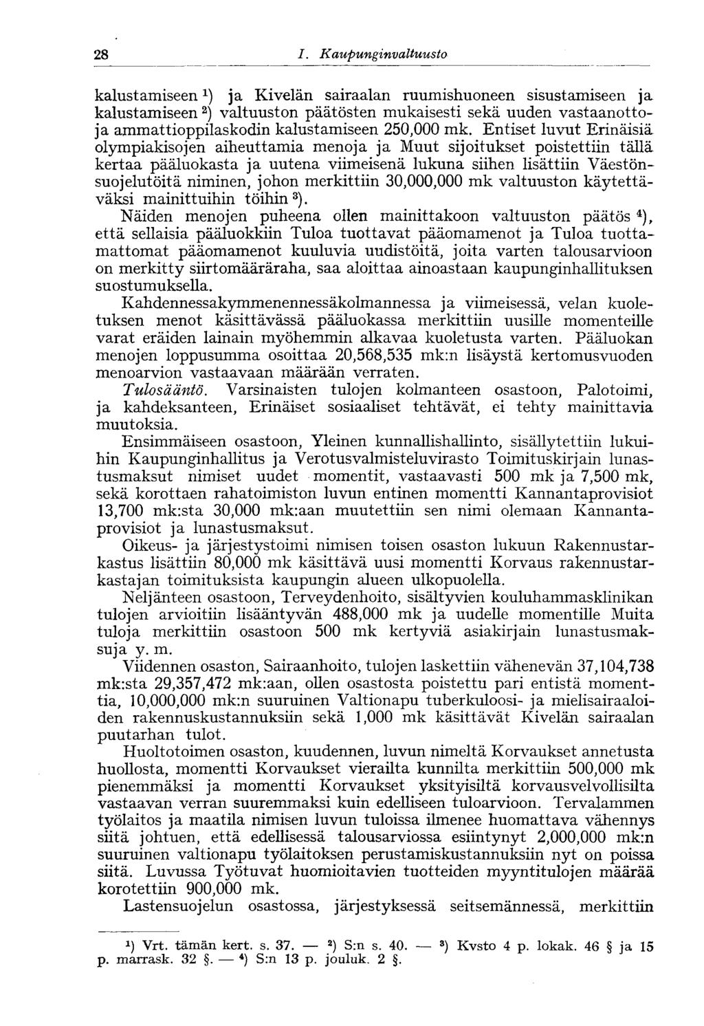 28 I. Kaupunginvaltuusto 28* kalustamiseen 1 ) ja Kivelän sairaalan ruumishuoneen sisustamiseen ja kalustamiseen 2 ) valtuuston päätösten mukaisesti sekä uuden vastaanottoja ammattioppilaskodin