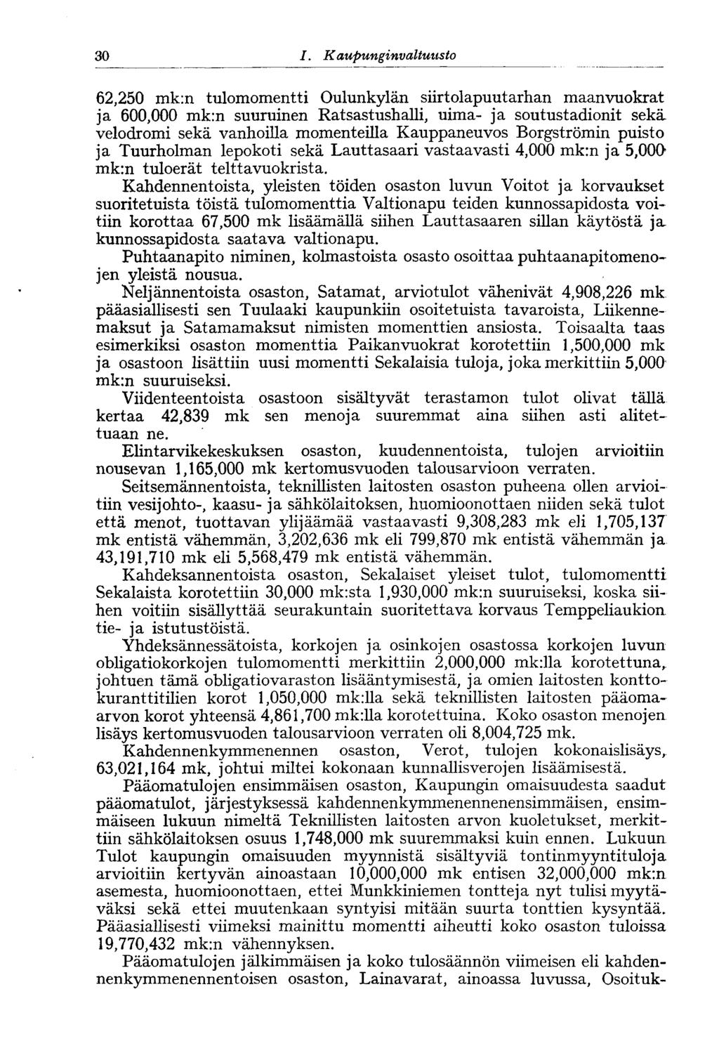 30 I. Kaupunginvaltuusto 30* 62,250 mk:n tulomomentti Oulunkylän siirtolapuutarhan maanvuokrat ja 600,000 mk:n suuruinen Ratsastushalli, uima- ja soutustadionit sekä velodromi sekä vanhoilla