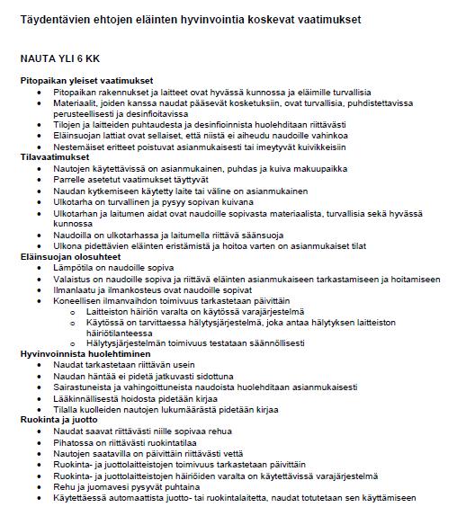 hoitovaatimuksista (Evira,