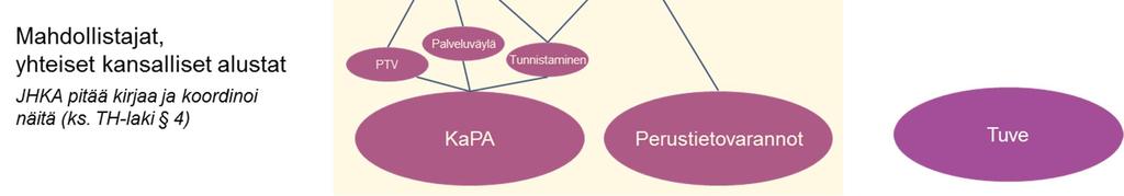 Tässä mallissa varsinaiset alustat on erotettu loppukäyttäjäpalveluista myös silloin, kun loppukäyttäjäpalvelusta vastaa sama viranomainen kuin alustasta (vrt. Kanta vs. OmaKanta).