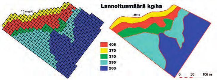 33 Kuva 4.. Lannoitussuunnitelma ruudukkona sekä vyöhykkeinä. Kuvat: Jere Kaivosoja, MTT karttana.