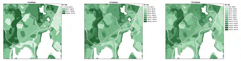 56 Kuva 6.3. Luokkien lukumäärän vaikutus luokitustulokseen: 4, 8 ja luokkaa. Kuva Ville Kankare. Kuva 6.4. Viikin digitaalinen korkeusmalli on luokiteltu viiteen (vasen kuva) tai luokkaan (oikea kuva).