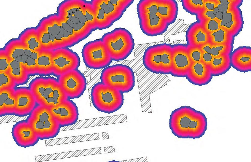 65 Kuva 6.4. Paikkatieto-ohjelmalla voidaan luoda kohteille etäisyysvyöhykkeitä rasterimuodossa. Tällöin rasterin arvo tarkoittaa etäisyyttä kohteeseen.