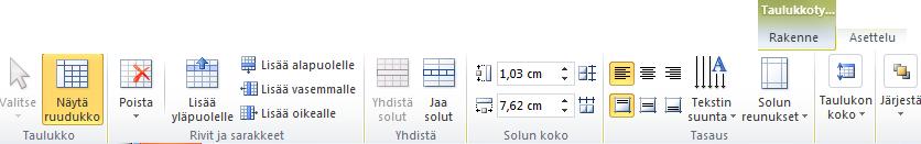 31 (48) 3. Asettelu-lisävälilehdellä voit mm. lisätä taulukolle lisää sarakkeita ja rivejä sekä muokata taulukon sisällän tasauksia.