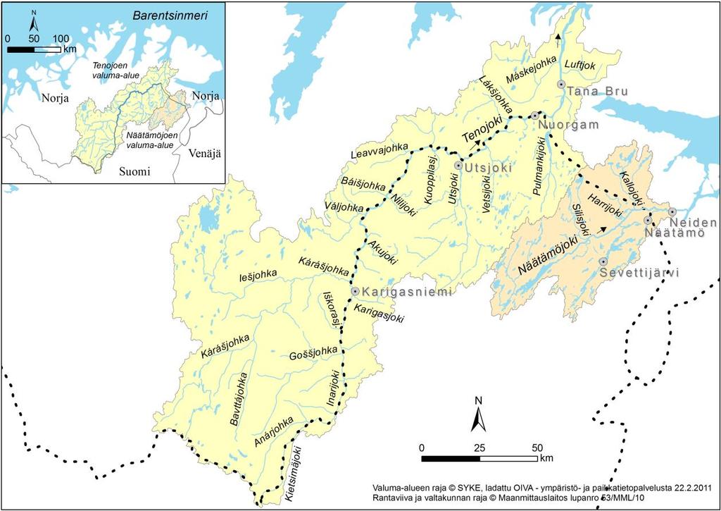 1. Teno- ja Näätämöjoen vaelluskalaseurannat Pohjois-Lapissa sijaitsevat Teno- ja Näätämöjoki ovat Suomen ja Norjan alueille sijoittuvia rajavesistöjä (kuva 1).