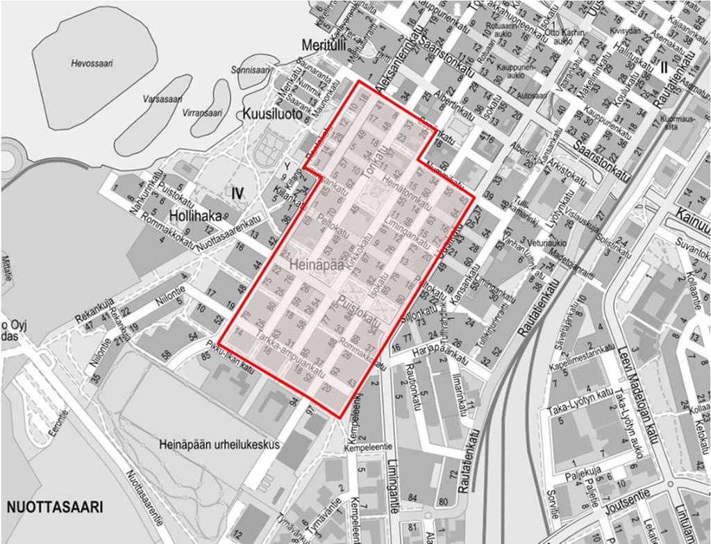 3 Selvityksen suunnittelualue Selvityksen suunnittelualueeksi on määritelty ydinkeskustan eteläpuoliset ruutukaavakorttelit Heinäpäässä oheisen karttakuvan mukaisesti.