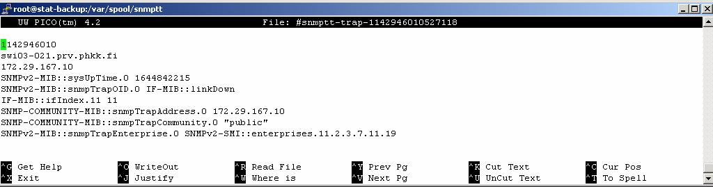 27 4.1.2 Snmptrapd Snmptrapd vastaanottaa Trap-viestejä ja muokkaa ne käyttäjän haluamaan muotoon.