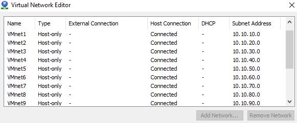 36 asetettiin verkkotopologian mukaisiin verkkosegmentteihin, jotka määriteltiin VMware Workstationin virtual network editor -työkalulla, joka nähdään kuvassa 29. Kuva 29.