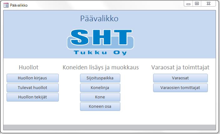 23 Kuva 7. Kirjanpito-ohjelmiston päävalikko 6.2 Huoltoihin liittyvät lomakkeet Huoltoihin liittyviä lomakkeita on kolme kappaletta: Huollonkirjaus, Tulevat Huollot ja Huollon tekijät. 6.2.1 Huollonkirjaus Huollonkirjauslomakkeella (Kuva 8) voidaan talleentaa tietoa koneille tehdyistä huolloista.