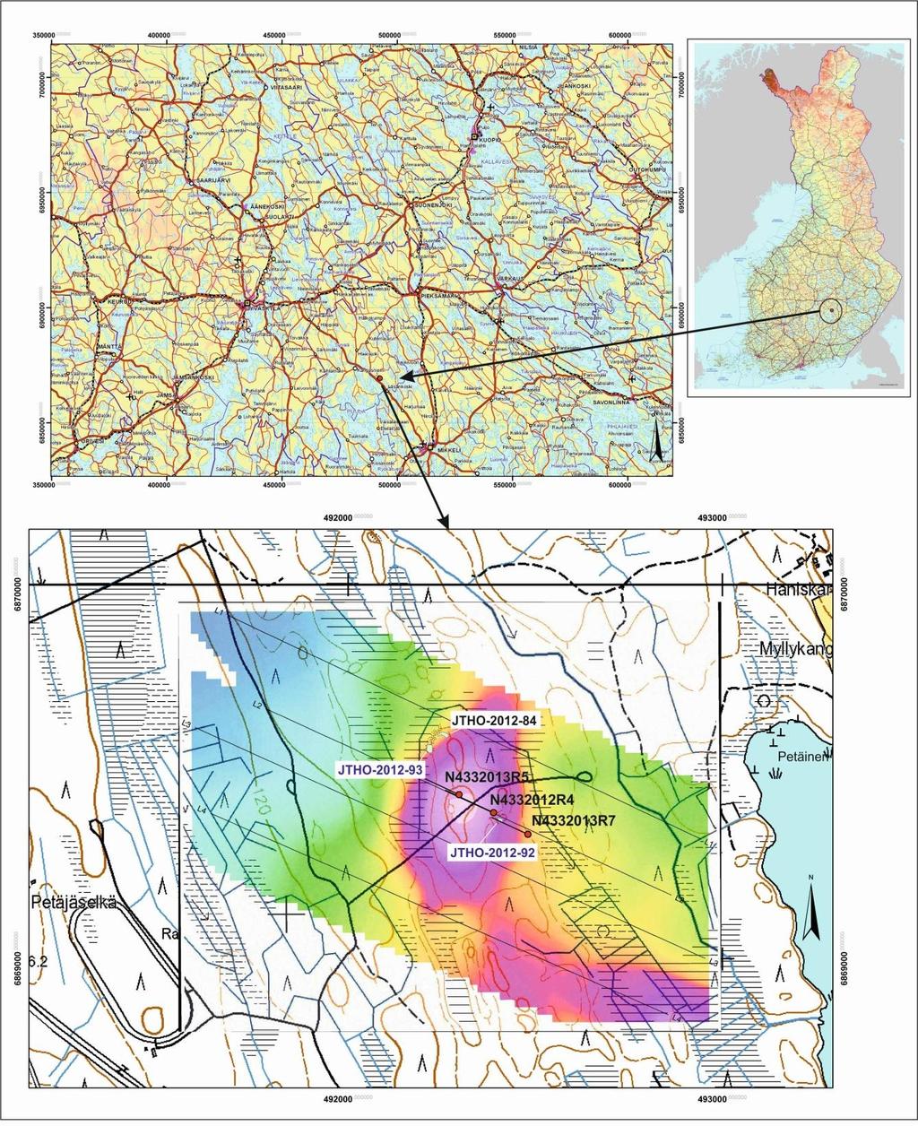 GEOLOGIAN TUTKIMUSKESKUS 2 Kuva 1. Petäisen tutkimuskohde sijaitsee Kangasniemen kunnassa. Kairareiät ovat merkitty alempaan karttaan punaisella pallolla sekä reikätunnuksella.