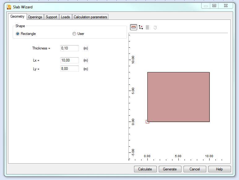 28 Kuva 12. Slab wizard -työkalun ulkoasu. Geometrian määritys -välilehti. Avattaessa Slab wizard laattatyökalu on näkymä kuvan 12 kaltainen.