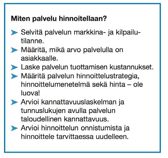 hintatasoa on kuitenkin vaikea muuttaa nopeasti. (Sipilä 1996, 79) Tiivistelmä hinnoittelun tehtävistä on kuvassa 13. Kuva 13. Palvelun hinnoittelun tiivistelmä. Kuvalähde: Jaakkola ym. 2009, 31) 3.4.