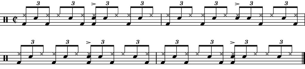 15 Sovellus 5. Halftime shuffle ghost-nuotein. Ghost nuotit täyttävät hi-hat iskujen välit. Liite 1. Raita 11. Kuvio 24. Sovellus 5. Nuotinnus: Markku Heikkilä.