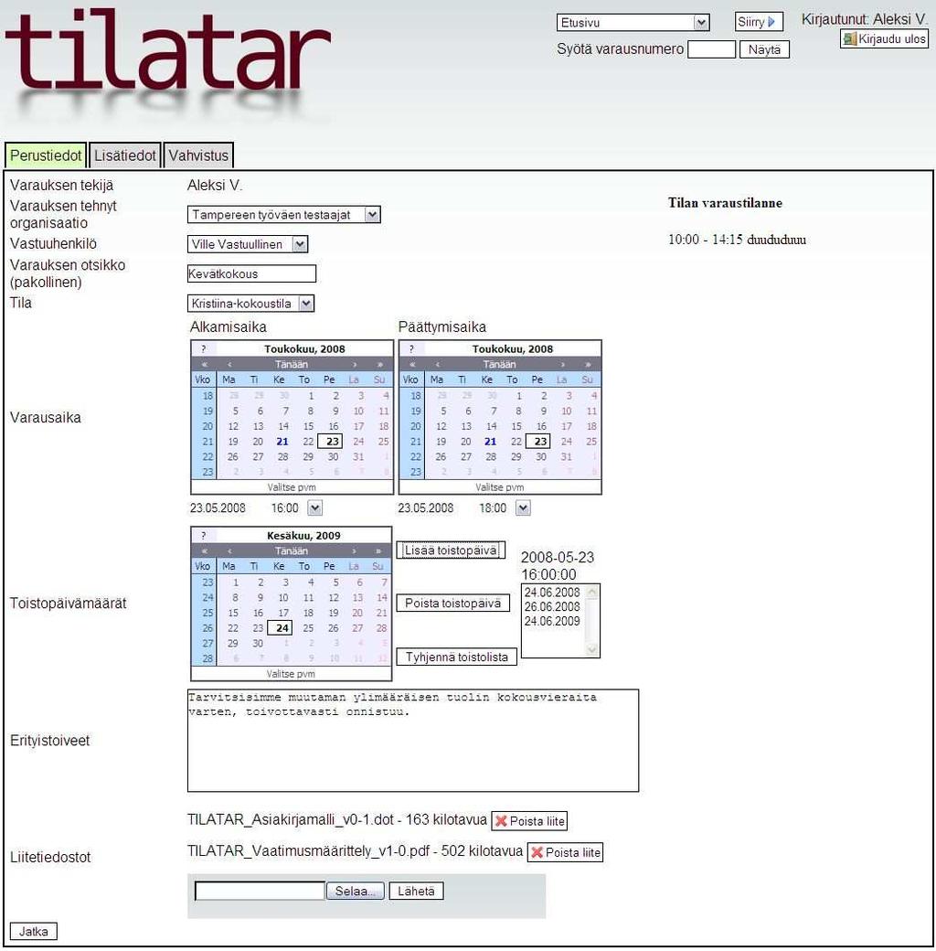 Figure 2: Näytönkaappaus TILATAR-järjestelmästä, uuden varauksen tekeminen.
