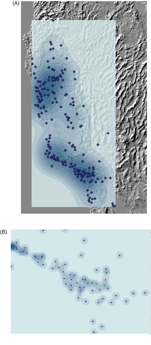 Kernel density surface Kernel bandwidth affects the resulting density surface Large bandwidth results to smooth variation, densities get close to the global average across the study area Small