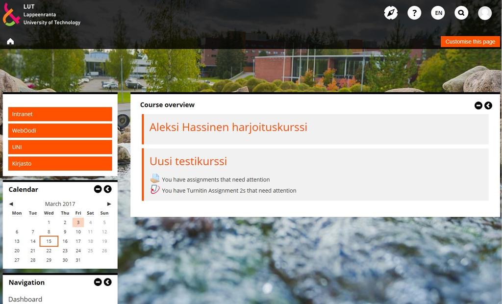 6 1.2. Aloitussivu (Katsaus kursseistani) Aloitussivu jakautuu oletuksena kahteen osaan ja näitä lohkoja voi siirtää vapaasti laittamalla päälle Muokkaa tätä sivua haluamaksesi.