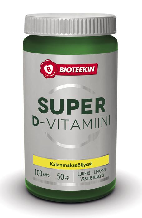 Lujalle luustolle SUPER D-VITAMIINI 50 µg Bioteekin Super D3-vitamiini hyvin imeyty vässä kalanmaksaöljyssä.