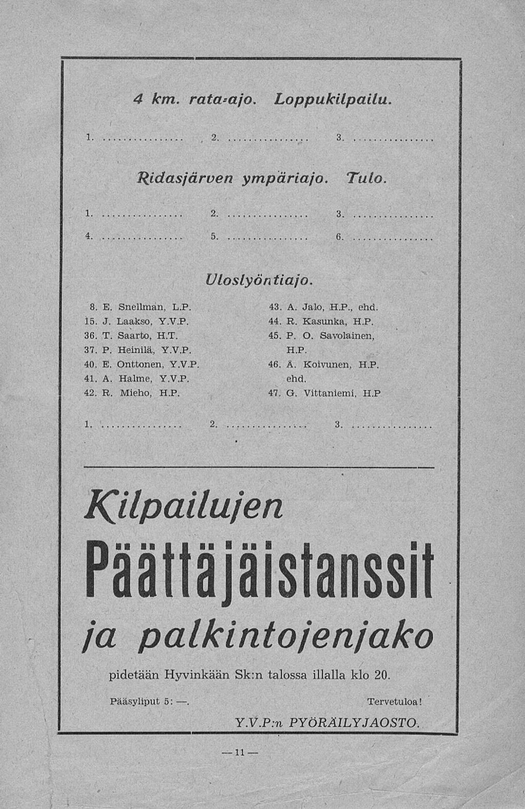 11 4 km. rata-a jo. Loppukilpailu. 1. 2 3 Ridasjärven ympäriajo. Tulo. 1 2 3 4 5 6 Uloslyön tiajo. 8. E. Snellman, L.P. 15. J. Laakso, Y.V.P. 36. T. Saarto, H.T. 37. P. Hemilä, Y.V.P. 40. E. Onttonen, Y.