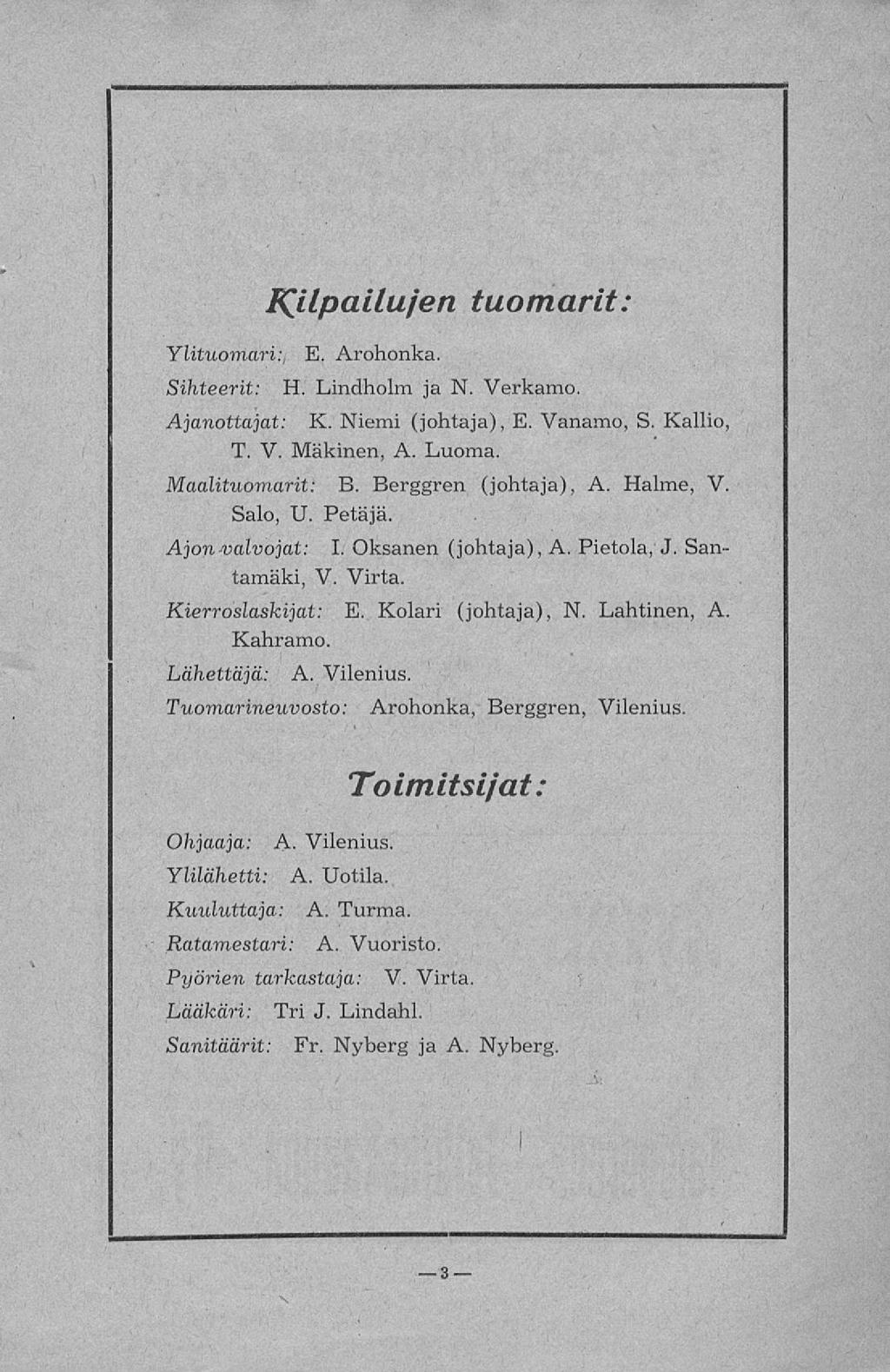 Kilpailujen tuomarit: Ylituomari:, E. Arohonka. Sihteerit: H. Lindholm ja N. Verkamo Ajanottajat: K. Niemi (johtaja), E. Vanamo, S. Kallio, T. V. Mäkinen, A. Luoma. Maalituomarit: B.