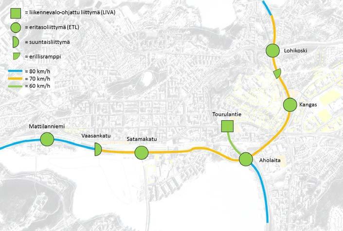 3.1 Trendi-skenaario Trendi-skenaariossa Mattilanniemen ja Satamakadun nykyiset tasoliittymät on rakennettu eritasoliittymiksi, Aholaidan eritasoliittymään on rakennettu rampit pohjoisen suuntaan,