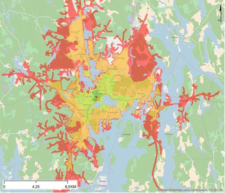 4.3 Saavutettavuuden muutokset Saavutettavuuden muutoksia on tarkasteltu Trendi- ja Xenaariomallien välillä peilaten nykytilan saavutettavuuteen.