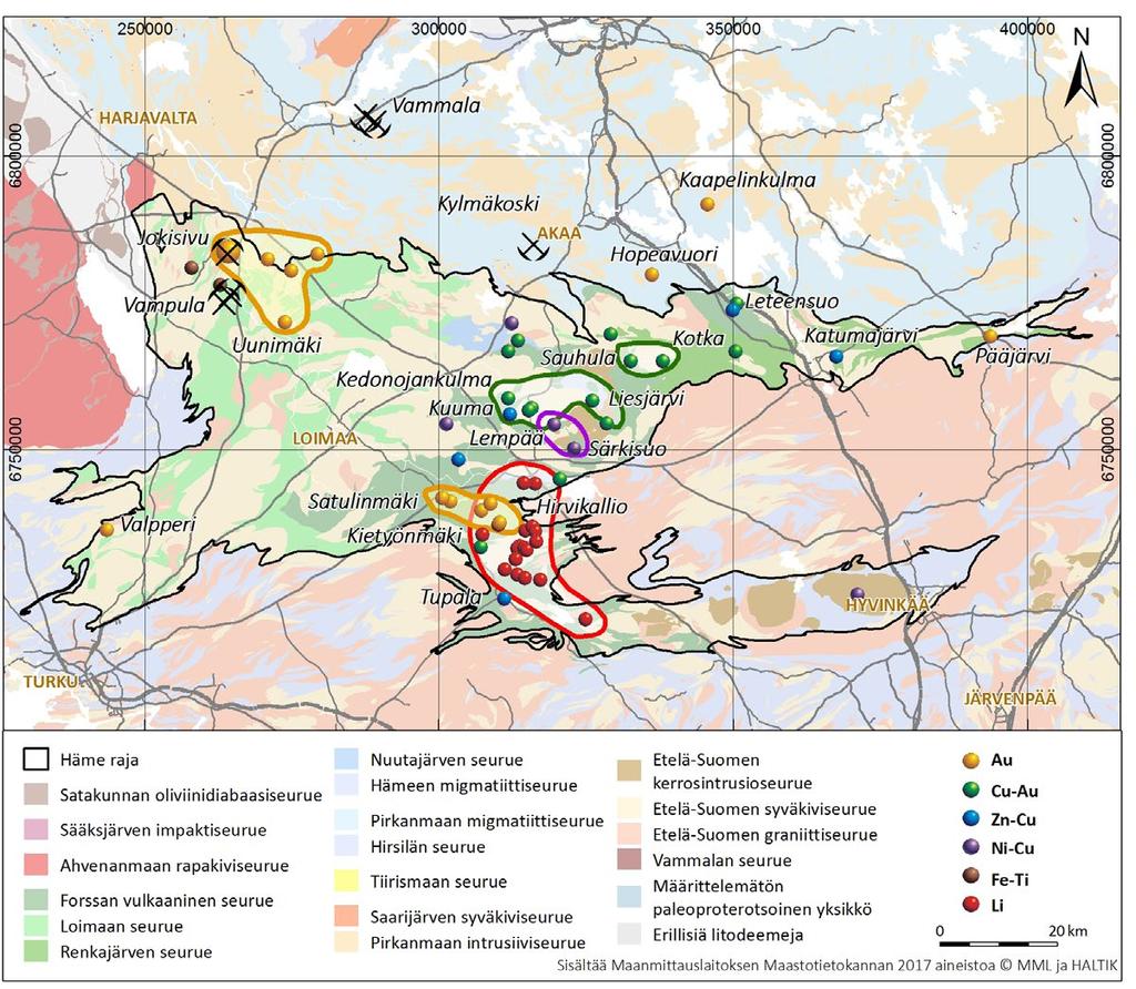 Kanta-Hämeen potentiaalisten kaivosten aluetaloudelliset vaikutukset Kuva 3. Hämeen vyöhykkeen geologia, geologiset seurueet, malmityypit ja tärkeimmät malmiesiintymät ja -aiheet. Fig. 3. Geology of the Häme belt, suites, ore types and the most significant ore deposits and prospects.