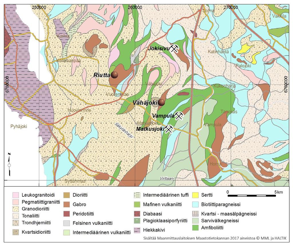 Kanta-Hämeen potentiaalisten kaivosten aluetaloudelliset vaikutukset Kuva 9. Riutan ja Vähäjoen Fe-Ti- esiintymien sijainti geologisella kartalla. Fig. 9. The location of the Riutta and Vähäjoki Fe-Ti deposits on the geological map.