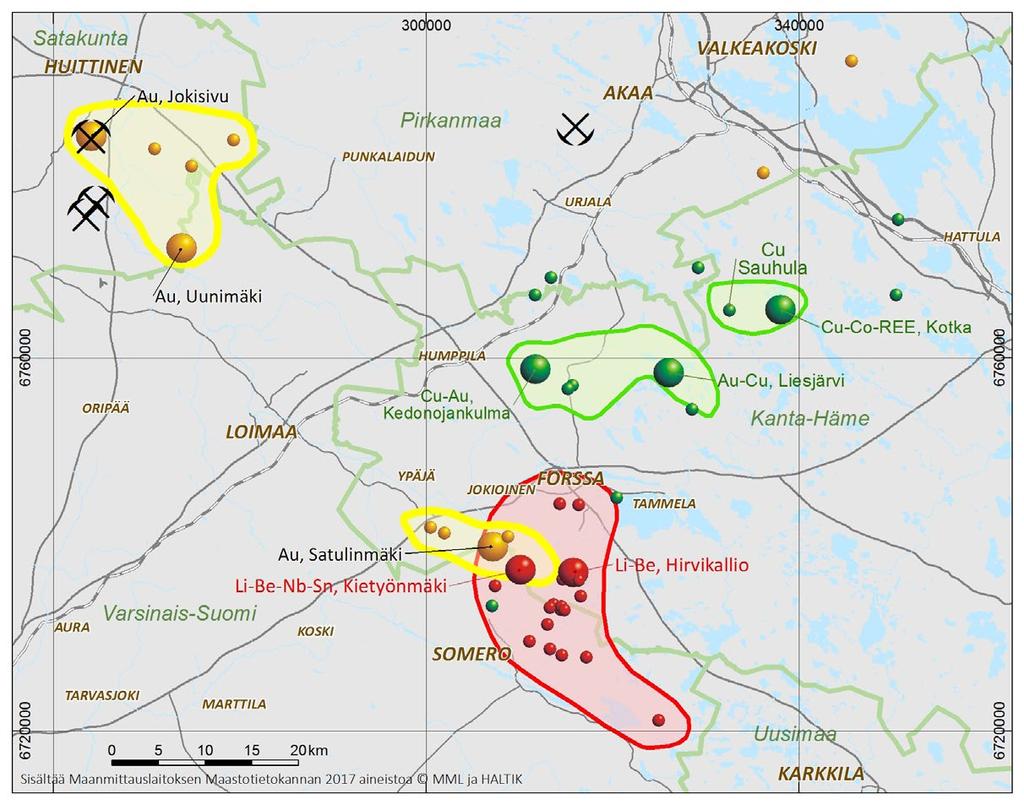 Kanta-Hämeen potentiaalisten kaivosten aluetaloudelliset vaikutukset Kuva 13. Kanta-Hämeen Au-, Li- ja Cu-Au-malmiprovinssit. Fig. 13. The Au, Li and Cu-Au provinces within the Häme belt. Taulukko 10.