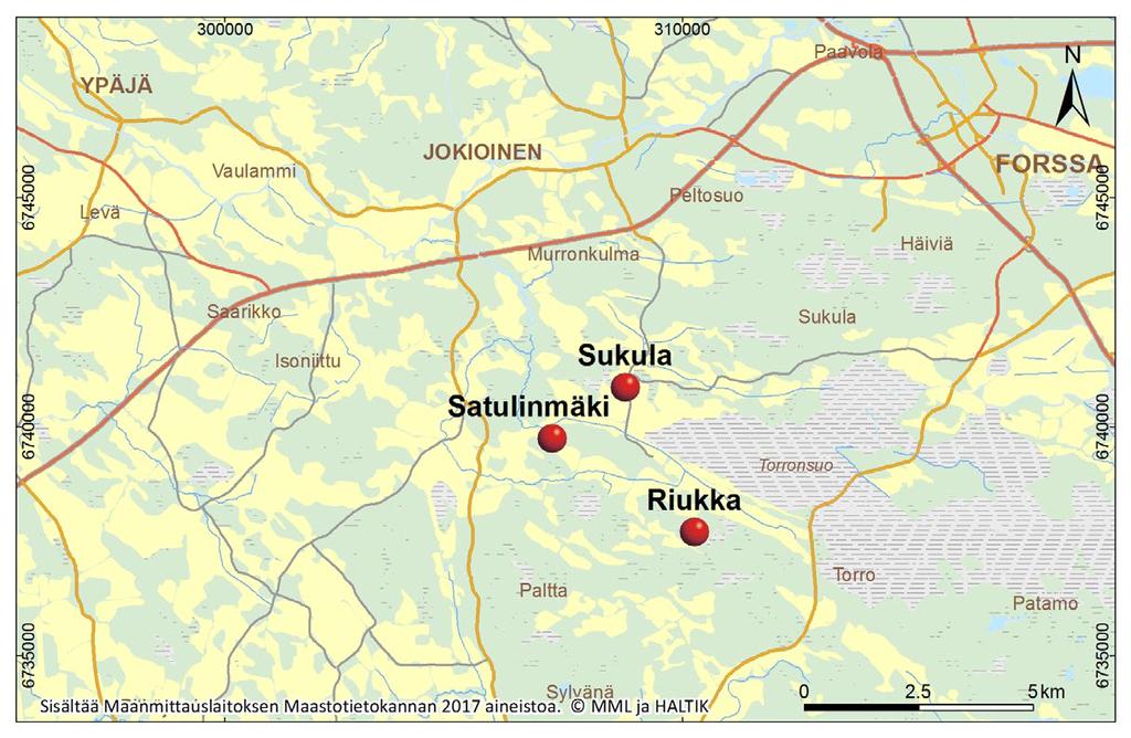 Kanta-Hämeen potentiaalisten kaivosten aluetaloudelliset vaikutukset Kuva 16. Sukulan ja Riukan esiintymien sijainti. Fig. 16. The location of the Sukula and Riukka deposits.