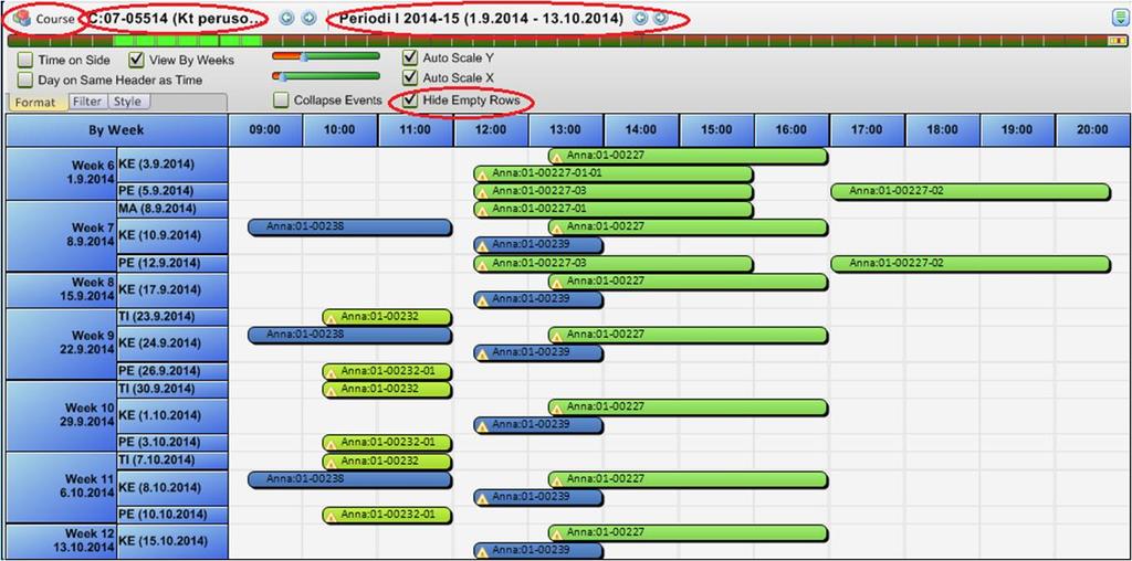 Vuosikurssille (Course) liitettyjen opetuskertojen tarkasteleminen Timetable-näkymässä pääset tarkastelemaan haluamasi vuosikurssin (Course) opetuskertoja haluamallasi ajalla.