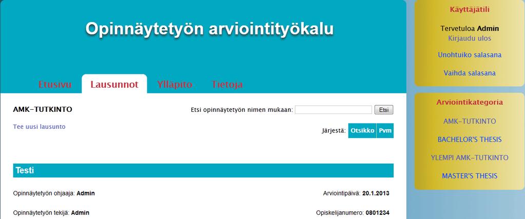 27 Kuva 17. Päänavigointivalikosta on valittu lausunnot-sivu.