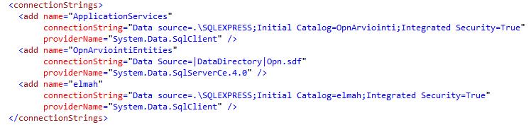 33 Kuva 26. Entity Framework Code First -käyttöliittymäluokka. Jotta tietokantayhteys toimii, Web.config-tiedostoon määritellään yhteysmerkkijono (connection string) (Kuva 27).