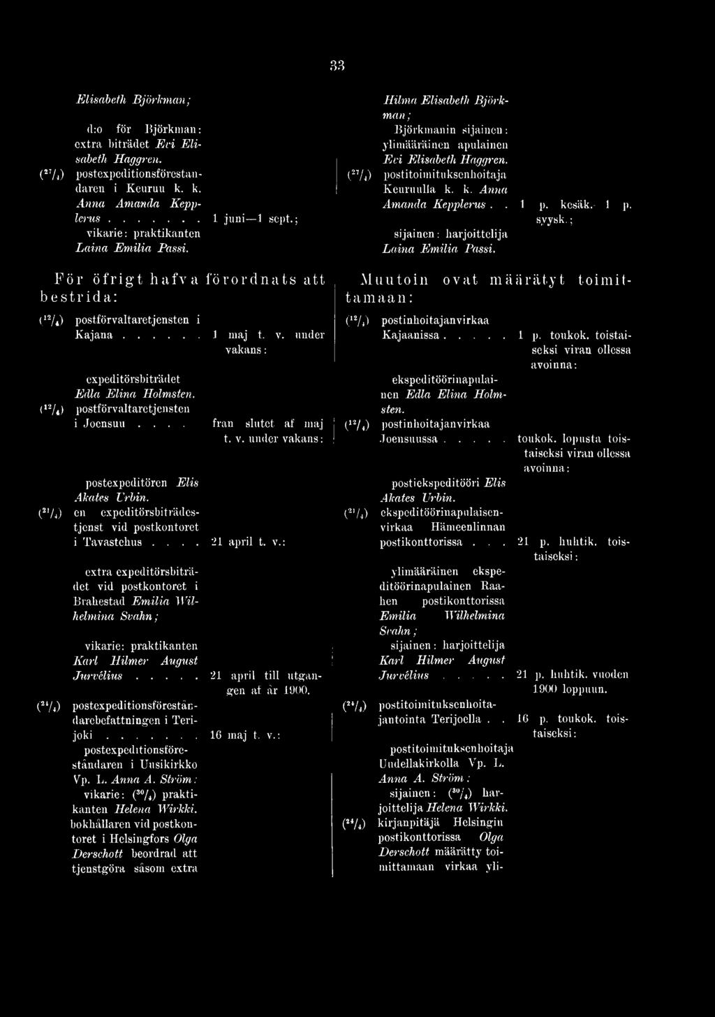 k. Anna Amanda Kepplerus.. l p. kesäk.- 1 p. syysk.; sijainen: harjoittelija Laina Emilia Passi. För öfrigt hafva förordnats att bestrida: (12/i) postförvaltaretjensten i K a ja n a.