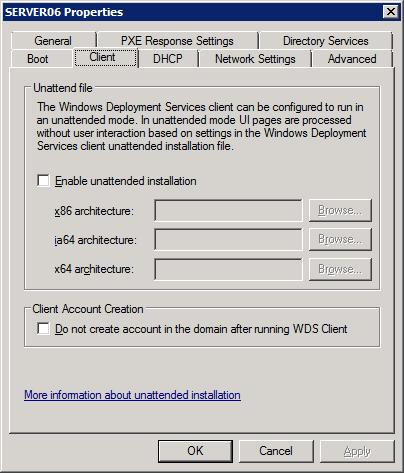 Liite 1 10(17) Configuring WDS to Use an Answer File Expand the Servers node. Right-click the node for your server and, from the context menu, select Properties. Click the Client tab. 13.4.