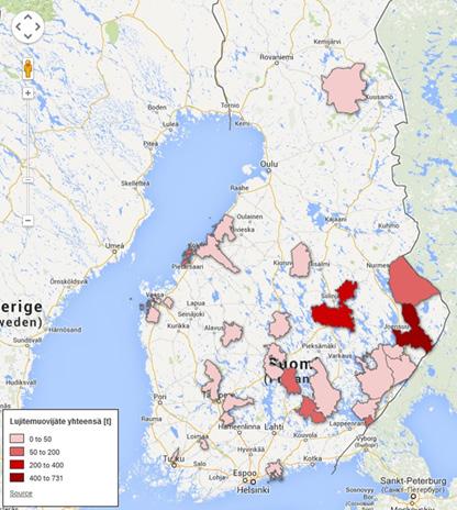 Kuva 13. Lujitemuoviteollisuuden lujitemuovijätteen määrät syntypaikan mukaan [29] Lujitemuovijätevirtojen määritys sisältää epävarmuustekijöitä.