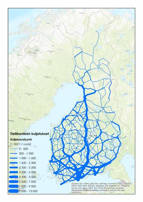 Rautatieliikenteen tavarakuljetukset Suomessa 2015 Tieliikenteen tavarakuljetukset Suomessa 2015 Rataosittaiset luvut osoittavat kuljetettuja nettotonneja (1000 tonnia).