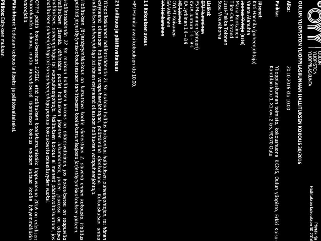 YUPISTN III III YLIPPILASKUNTA UWN YLIPISTN YLIPPILASKUNNAN HALLITUKSEN KKUS 30/2016 Pöytäkirja Aika: 20.10.2016 klo 10.