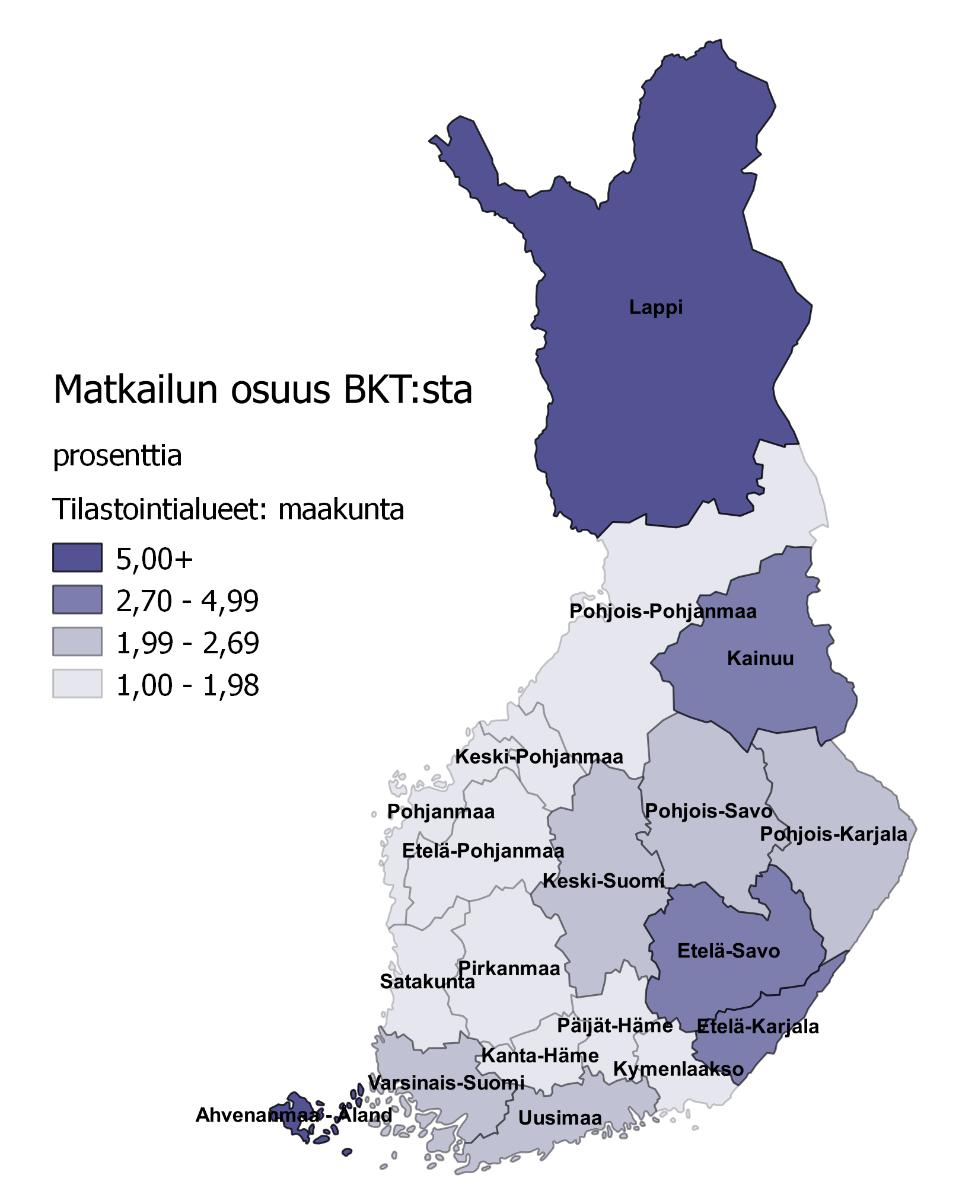 Matkailun osuus maakuntien bkt:sta Ahvenanmaa Kainuu Etelä-Karjala Pohjois-Karjala Keski-Suomi Pohjois-Pohjanmaa Kymenlaakso Etelä-Pohjanmaa Keski-Pohjanmaa Pohjanmaa 2,5 % 5,9 % 3,9