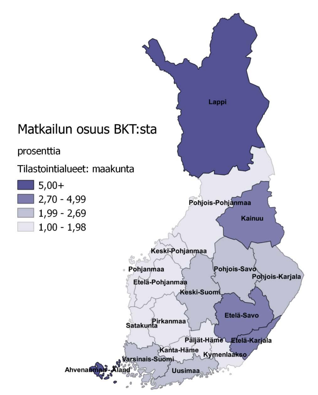 Kuva 2 Matkailun osuus bkt:sta maakunnittain vuonna 2014 Aluetaloudellisesti matkailu on merkittävintä Lapissa, Ahvenanmaalla sekä