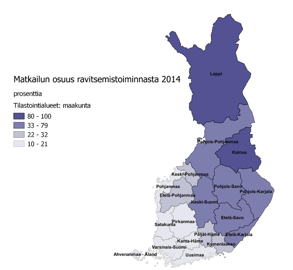 Kuva 3 Matkailun osuus ravitsemispalveluista maakunnittain vuonna 2014 Etelä- ja Lounais-Suomessa ravintolapalveluiden kysynnästä yli 80 prosenttia oli paikallista.