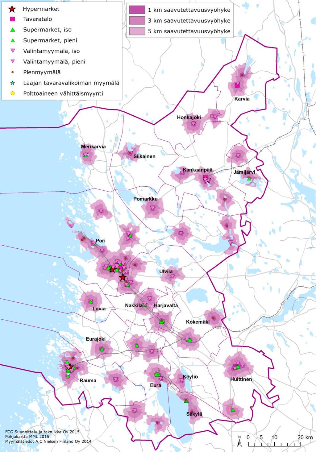 Päivittäistavarakaupan saavutettavuus Lähin pt-kauppa sijaitsee Satakunnassa keskimäärin 2 km etäisyydellä Satakunnan asukkaista n. 55 % asuu alle 1 km ja n.