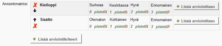 Matriisiarvioinnit Arviointimatriiseja käytetään arviointikriteerien määrittämiseen Arviointimatriisiin määritellään arviointikriteerit sekä eri