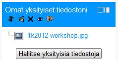 Oma profiili ja omat tiedostot Omat tiedostot Näyttää käyttäjän omat tiedostot puu-muodossa. Painiketta klikkaamalla pääsee 'Omat yksityiset tiedostoni' -alueelle.