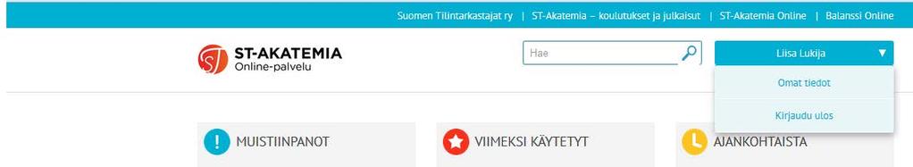 ST-Akatemia Online -palvelun käyttöohjeet 1. Kirjautuminen 1.1 Sisäänkirjautuminen ST-Akatemia Online -palveluun kirjaudutaan http://www.stakatemiaonline.fi -osoitteen kautta.