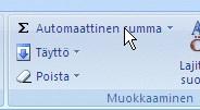 Summa-painonappi Valitaan solu, johon summa halutaan ja painetaan nappia. Excel näyttää mitä aikoo laskea. Jos ehdotus on väärä, valitaan oikea alue, ennen hyväksymistä.