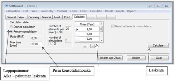 127 Calculate välilehdellä määritellään laskennan asetukset ja käynnistetään laskenta.