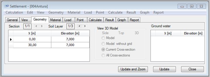 3 Laskennan poikkileikkausgeometria Geometry-välilehdellä määritellään laskennassa käytettävien maakerrosten, kallion, pohjaveden ja orsiveden geometria poikkileikkauksessa.