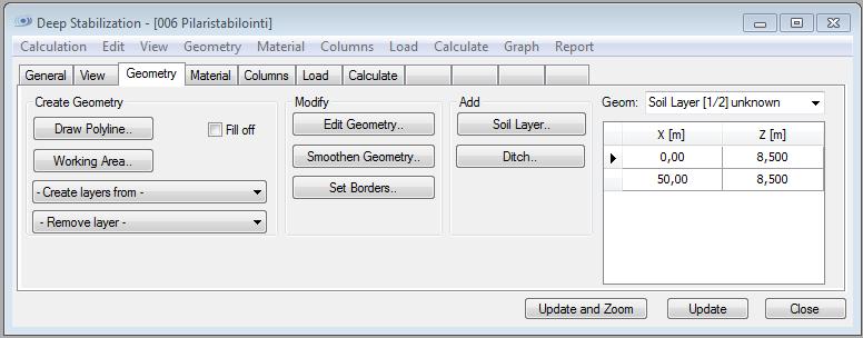 162 5.6.3 Laskennan poikkileikkausgeometria Geometry-välilehdellä määritellään laskennassa käytettävien maakerrosten, kallion, pohjaveden ja orsiveden geometria poikkileikkauksessa.